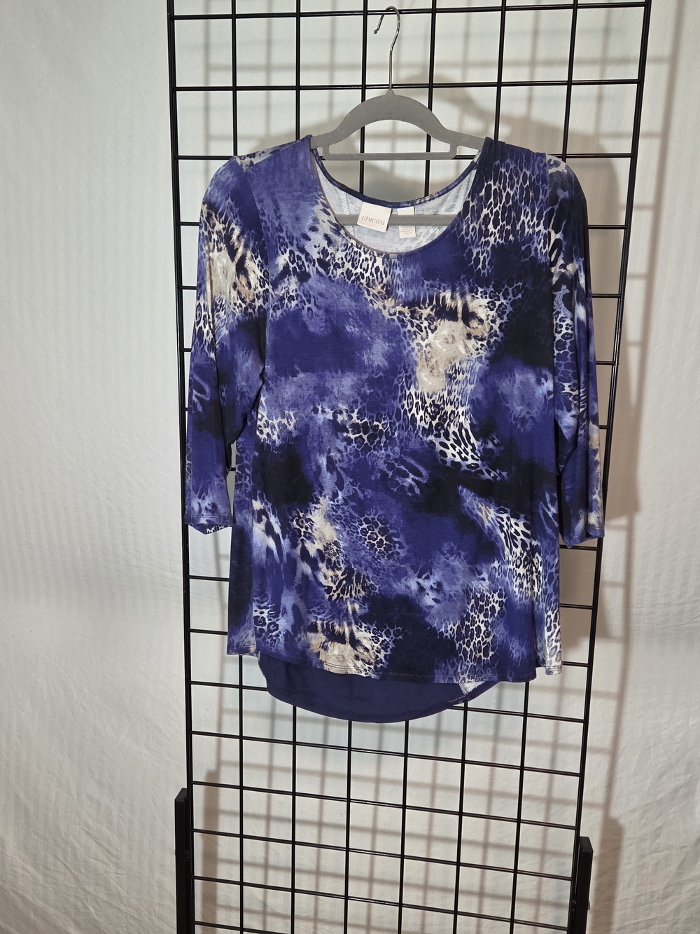 Chico's Blue and Cream Animal-Print Long Sleeve Top